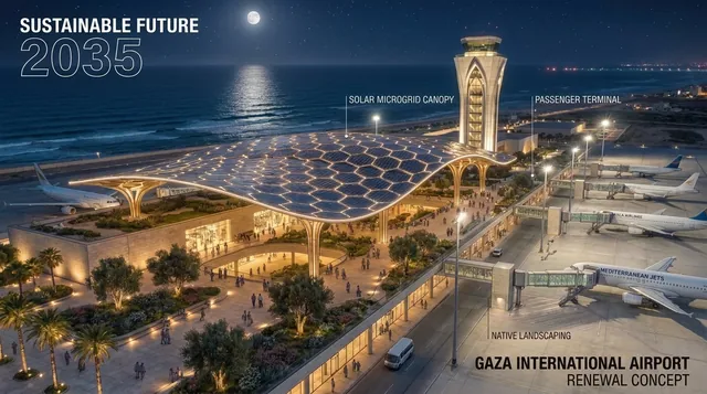 تصوّر معماري جوي ليلي لمفهوم مستقبلي لمبنى مطار غزة الدولي وساحة الطائرات.